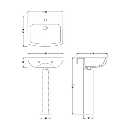 [BCFR400] Hilderstone Modern 1 Tap Hole Basin and Pedestal - 545mm - Technical Drawing