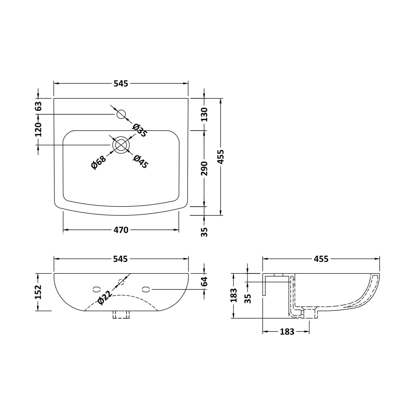 [BCFR402] 545mm Basin 1TH - Technical Drawing