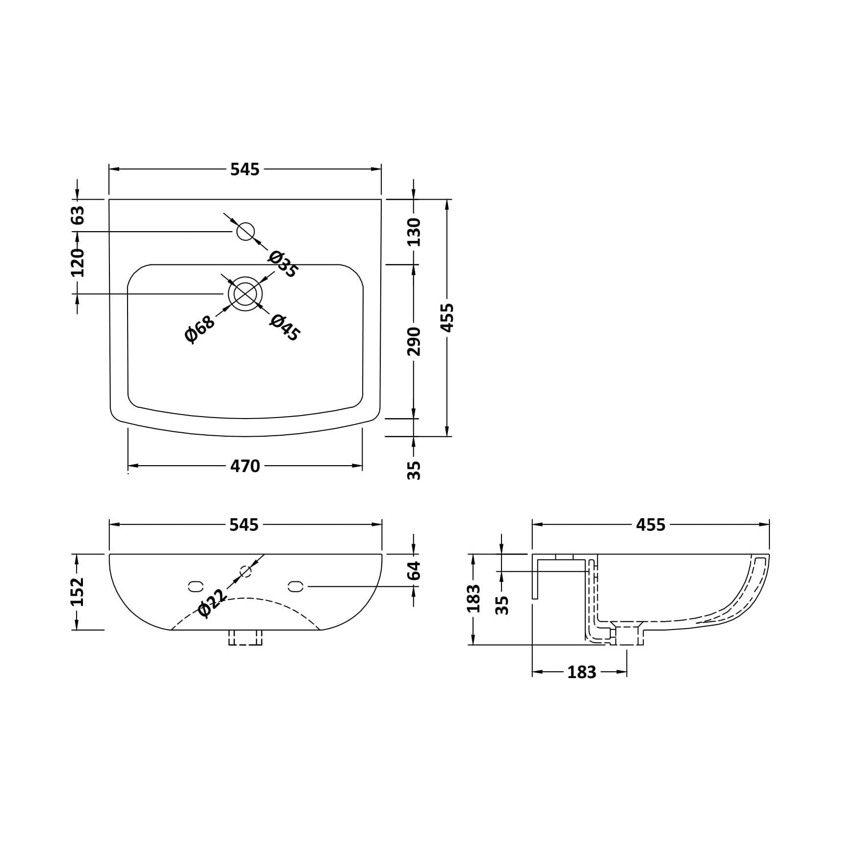 [BCFR402] 545mm Basin 1TH - Technical Drawing