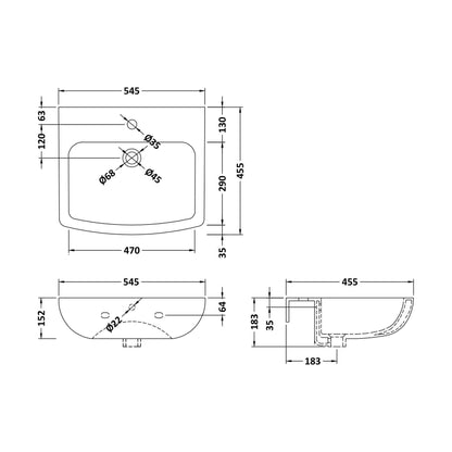[BCFR402] 545mm Basin 1TH - Technical Drawing