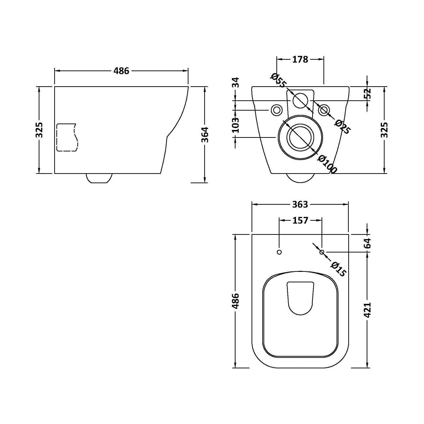 [BCFR441] Hilderstone Modern Wall Hung Toilet Pan with Soft Close Seat - Technical Drawing