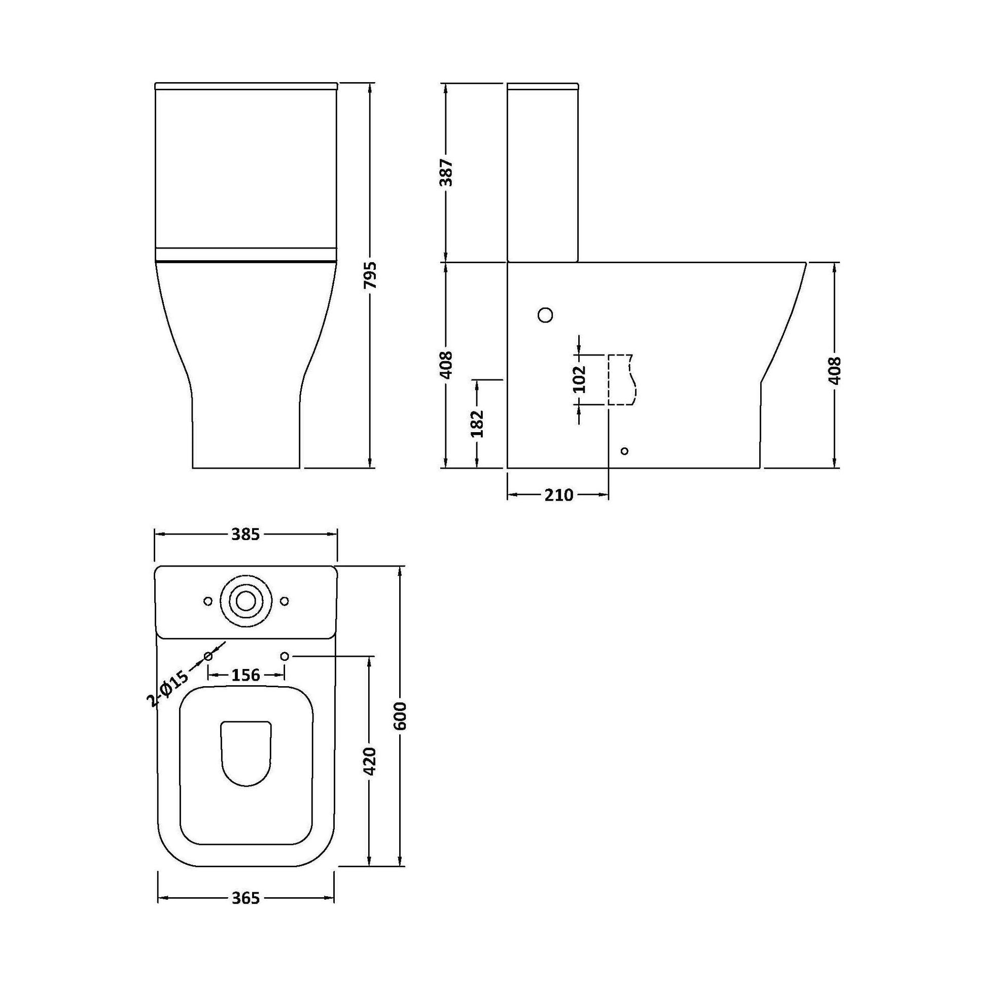 [BCFR451] Hilderstone Modern Rimless Flush to Wall Close Coupled Toilet and Soft Close Seat - Technical Drawing