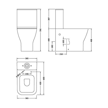 [BCFR451] Hilderstone Modern Rimless Flush to Wall Close Coupled Toilet and Soft Close Seat - Technical Drawing