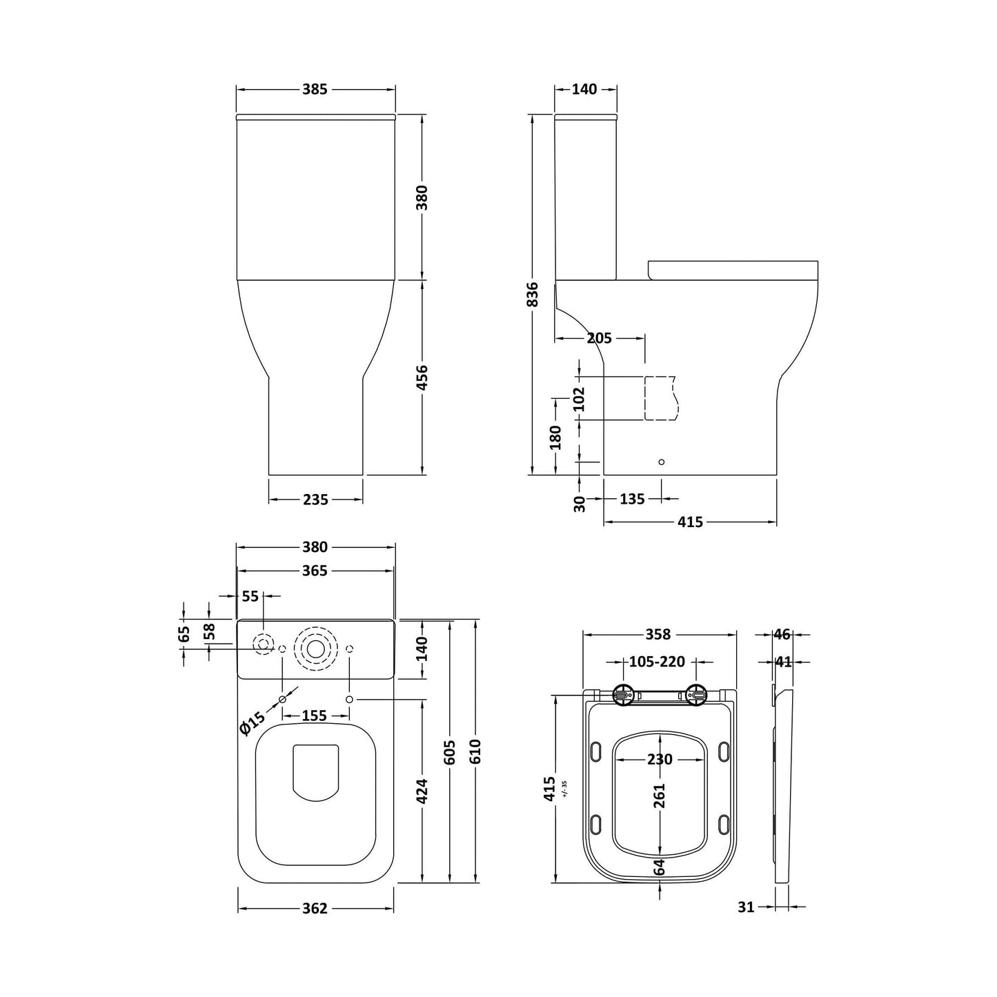 [BCFR491] Hilderstone Modern Comfort Height Close Coupled Toilet with Soft Close Seat - Technical Drawing