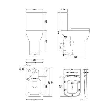 [BCFR491] Hilderstone Modern Comfort Height Close Coupled Toilet with Soft Close Seat - Technical Drawing