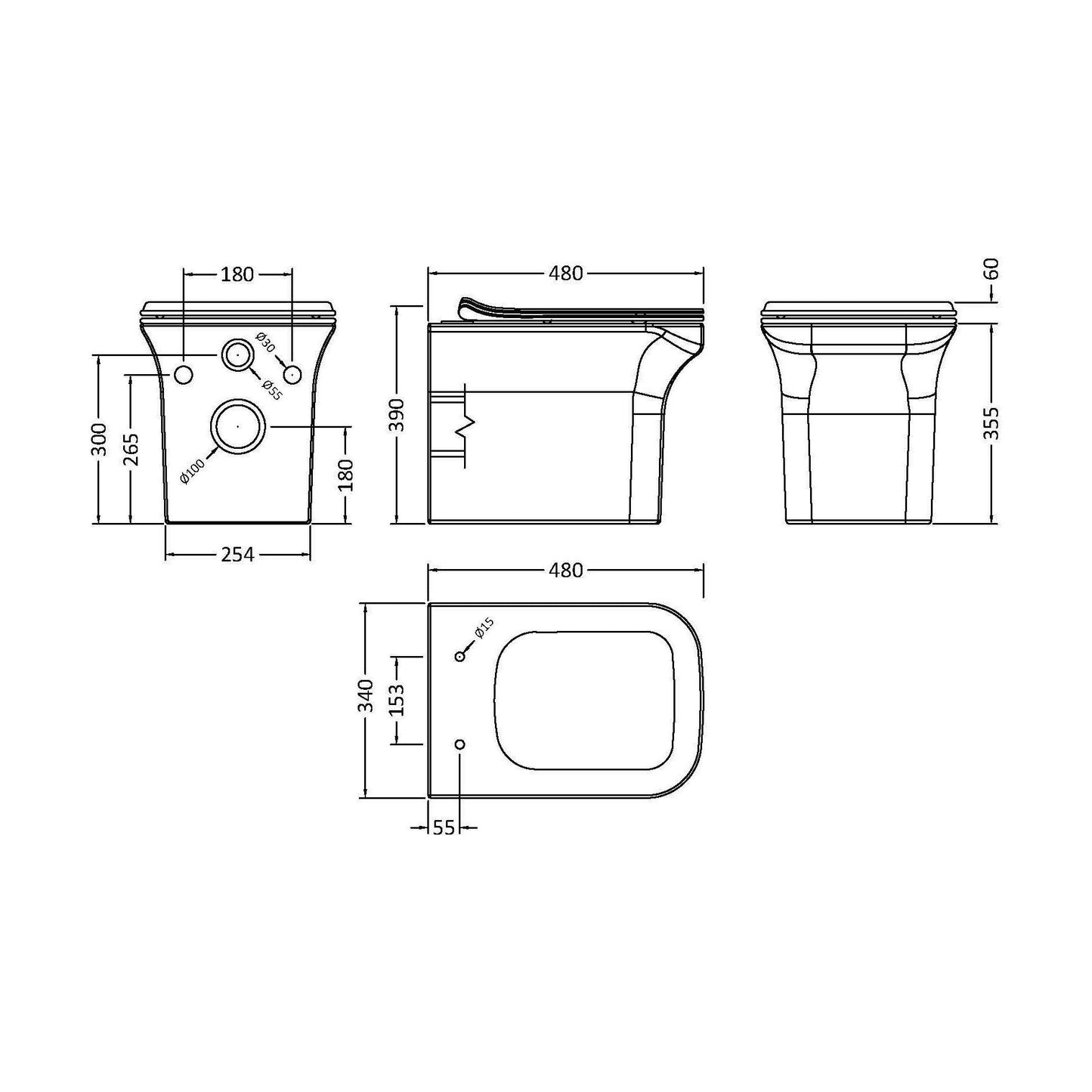 [BCFR540] Hilderstone Modern Wall Hung Toilet Pan with Soft Close Seat - Technical Drawing