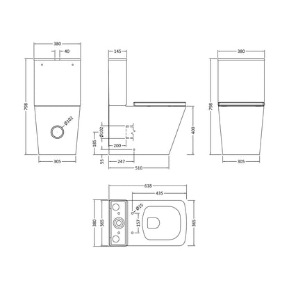 [BCFR550] Hilderstone Modern Close-Coupled Rimless Toilet with Soft Close Seat - Technical Drawing