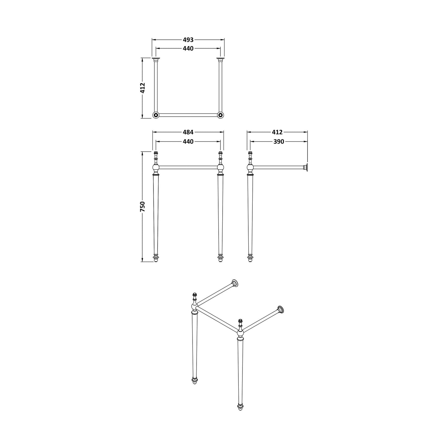 [BCHA002A] Luxury Traditional Basin Stand - Technical Drawing