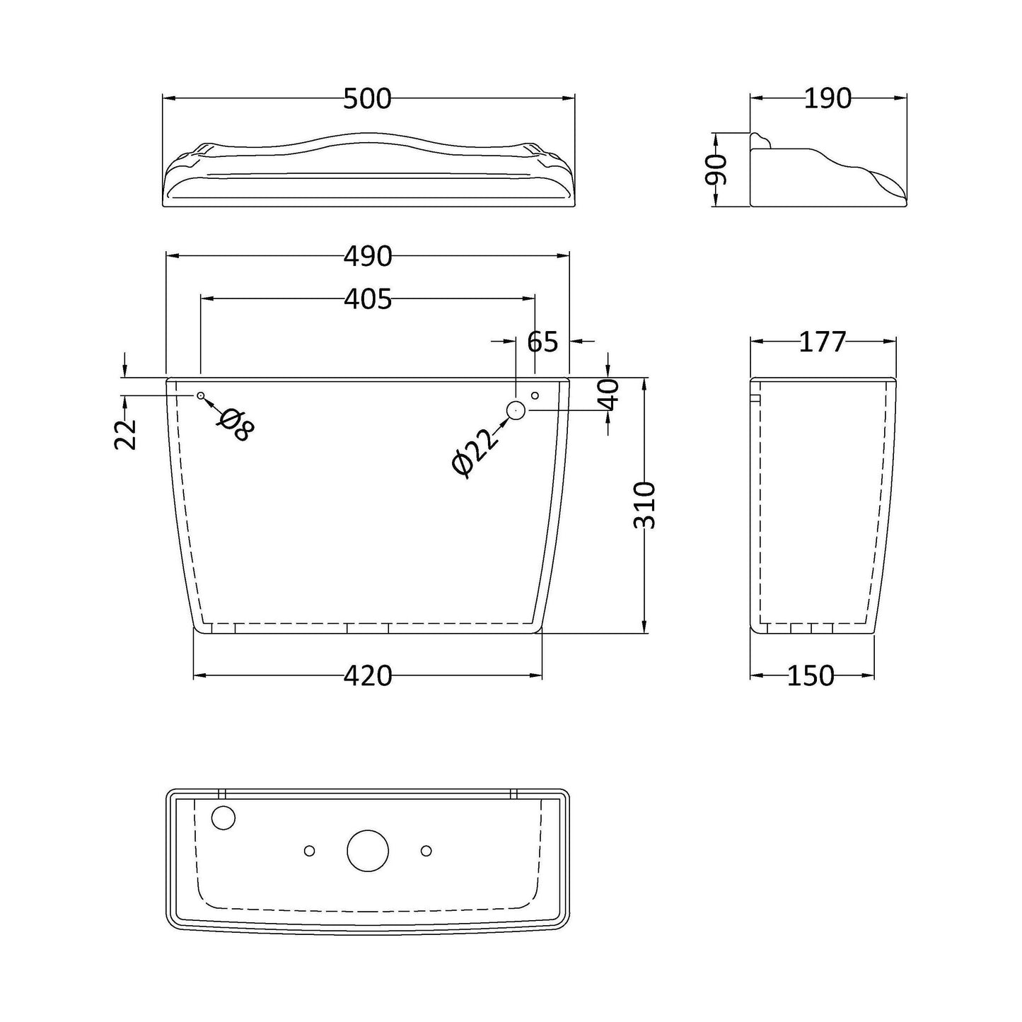 [BCHA101] Toilet Cistern Chrome Lever & Fttg - Technical Drawing