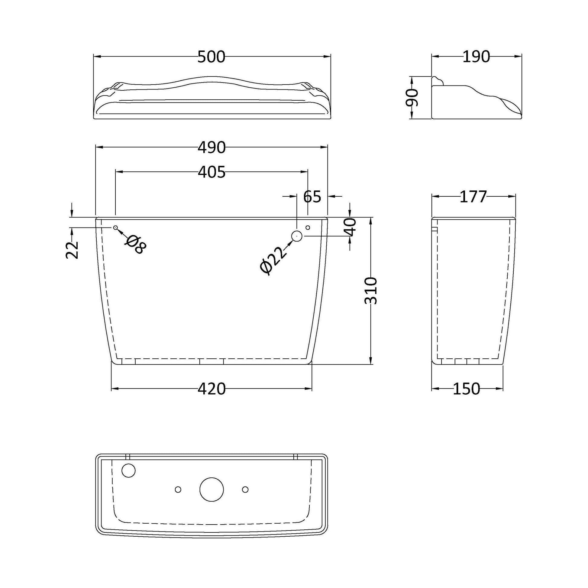 [BCHA101] Toilet Cistern Chrome Lever & Fttg - Technical Drawing