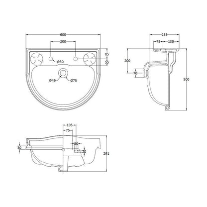 [BCHA122] 600mm Basin 2TH - Technical Drawing