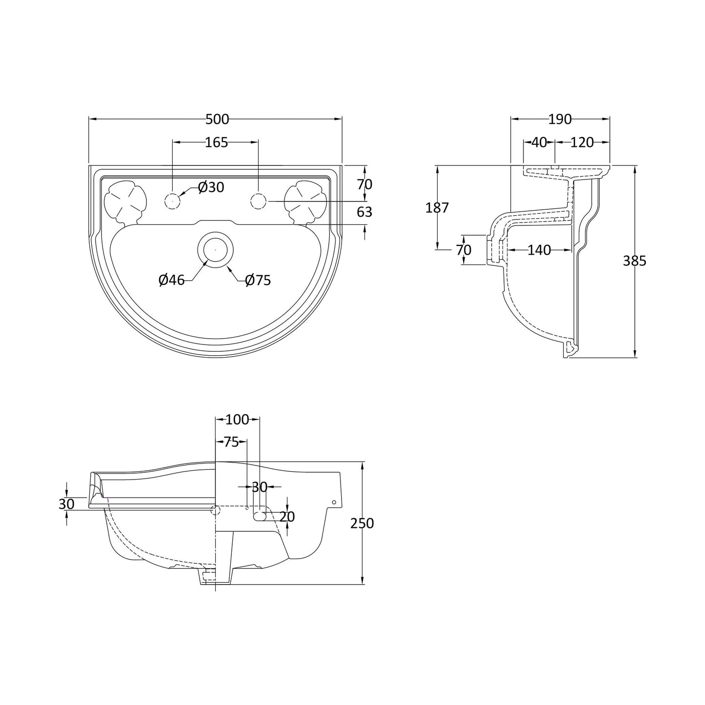 [BCHA124] 500mm Basin 2TH - Technical Drawing