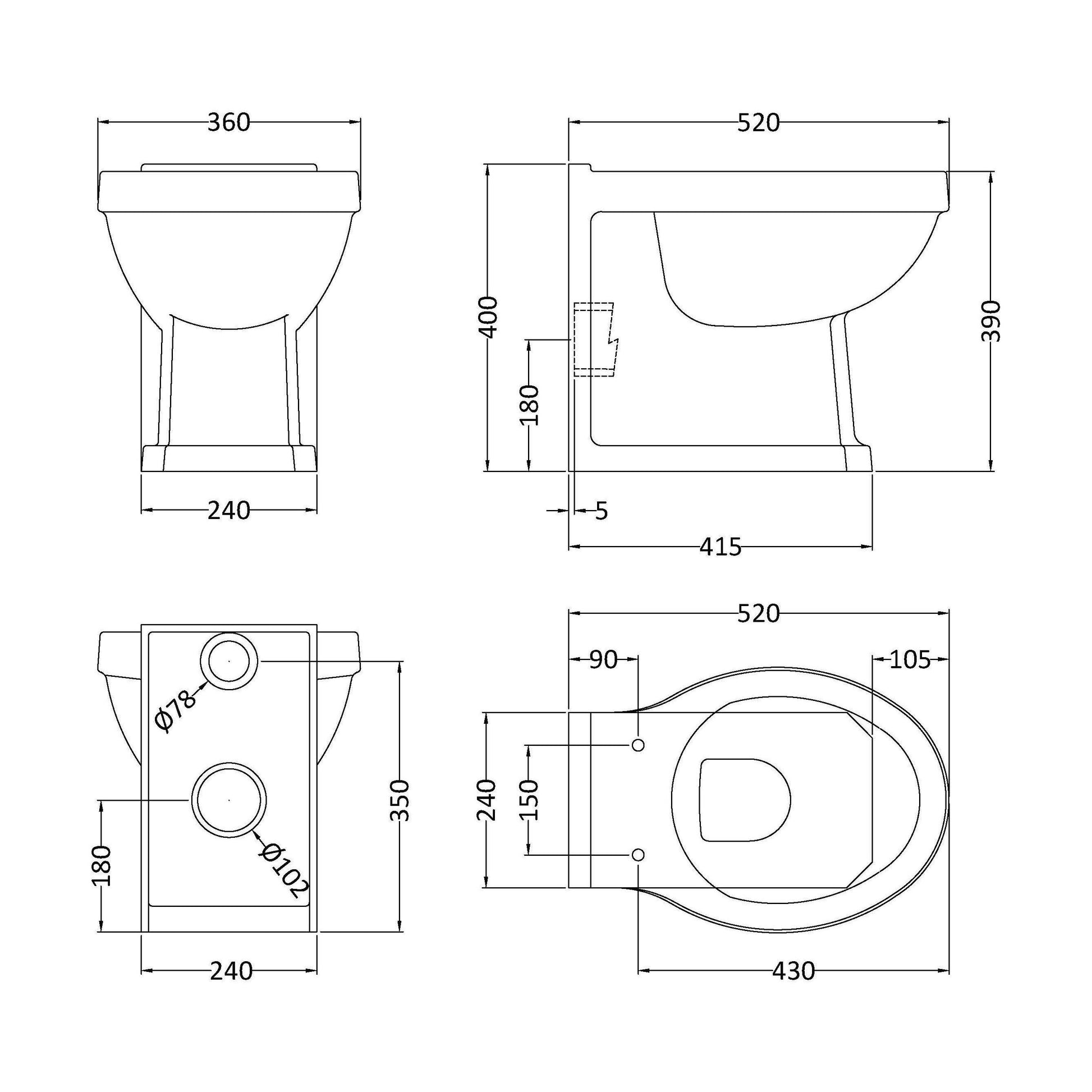 [BCHA806] Traditional Back to Wall Toilet Pan, Classic White Ceramic WC with Timeless Bathroom Design by Balterley - Technical Drawing