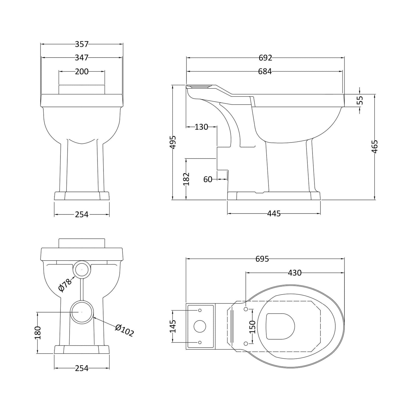 [BCHA850] Comfort Height Toilet Pan CC Exc Seat - Technical Drawing