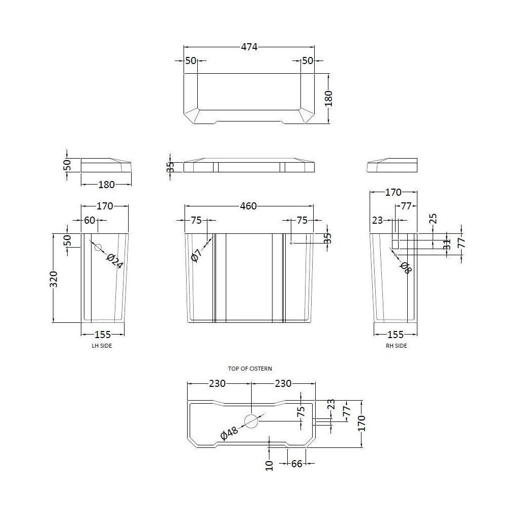 [BCHA872B] High Level Cistern B (Inc' Fittings) - Technical Drawing