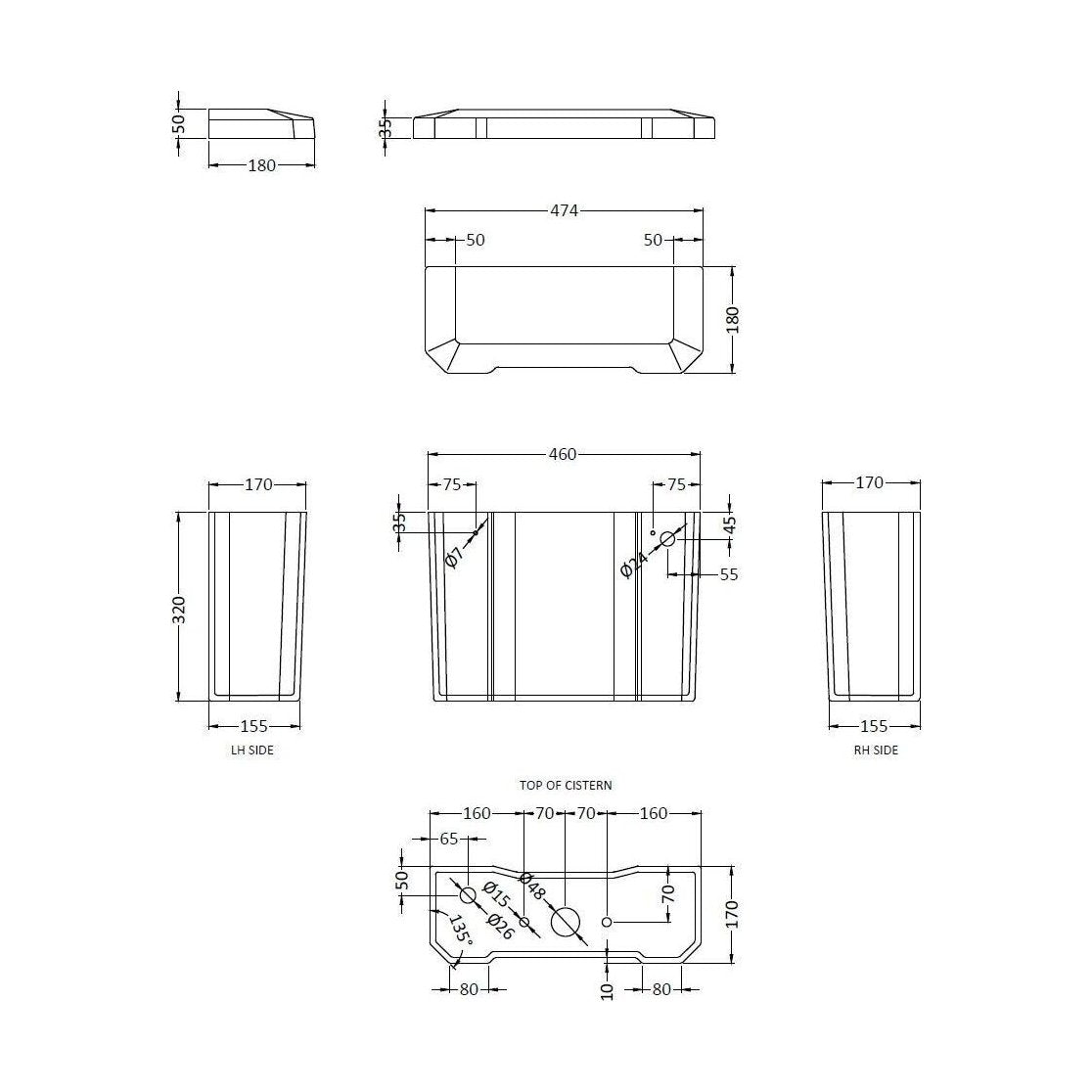 [BCHA881B] Toilet Cistern B Ceramic Lever & Fttg - Technical Drawing