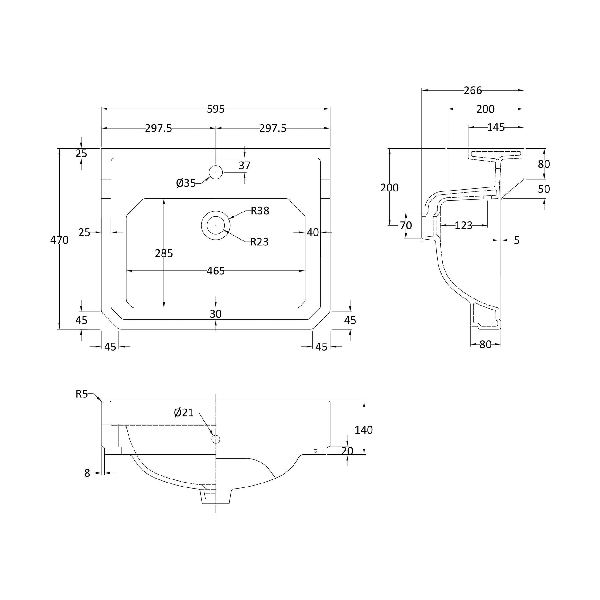 [BCHA882A] 595mm Basin 1TH - Technical Drawing