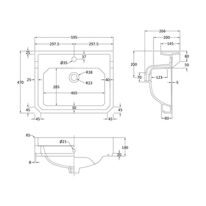 [BCHA882A] 595mm Basin 1TH - Technical Drawing