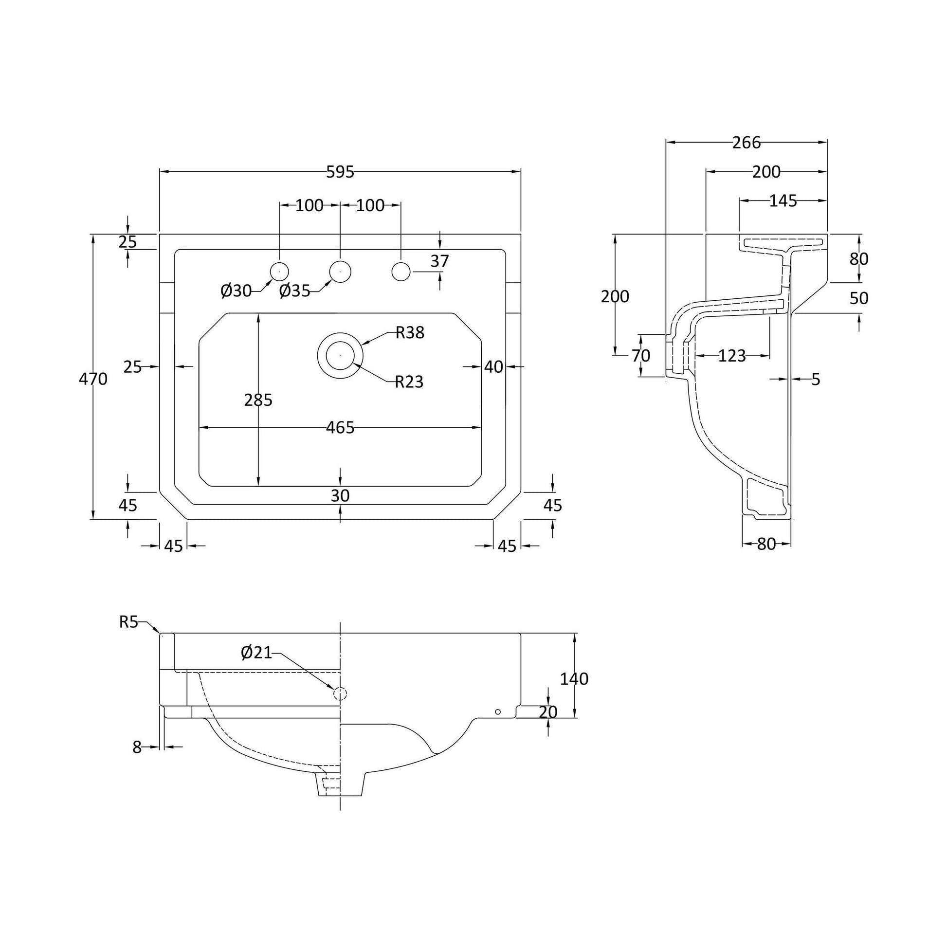 [BCHA882B] 595mm Basin 3TH - Technical Drawing