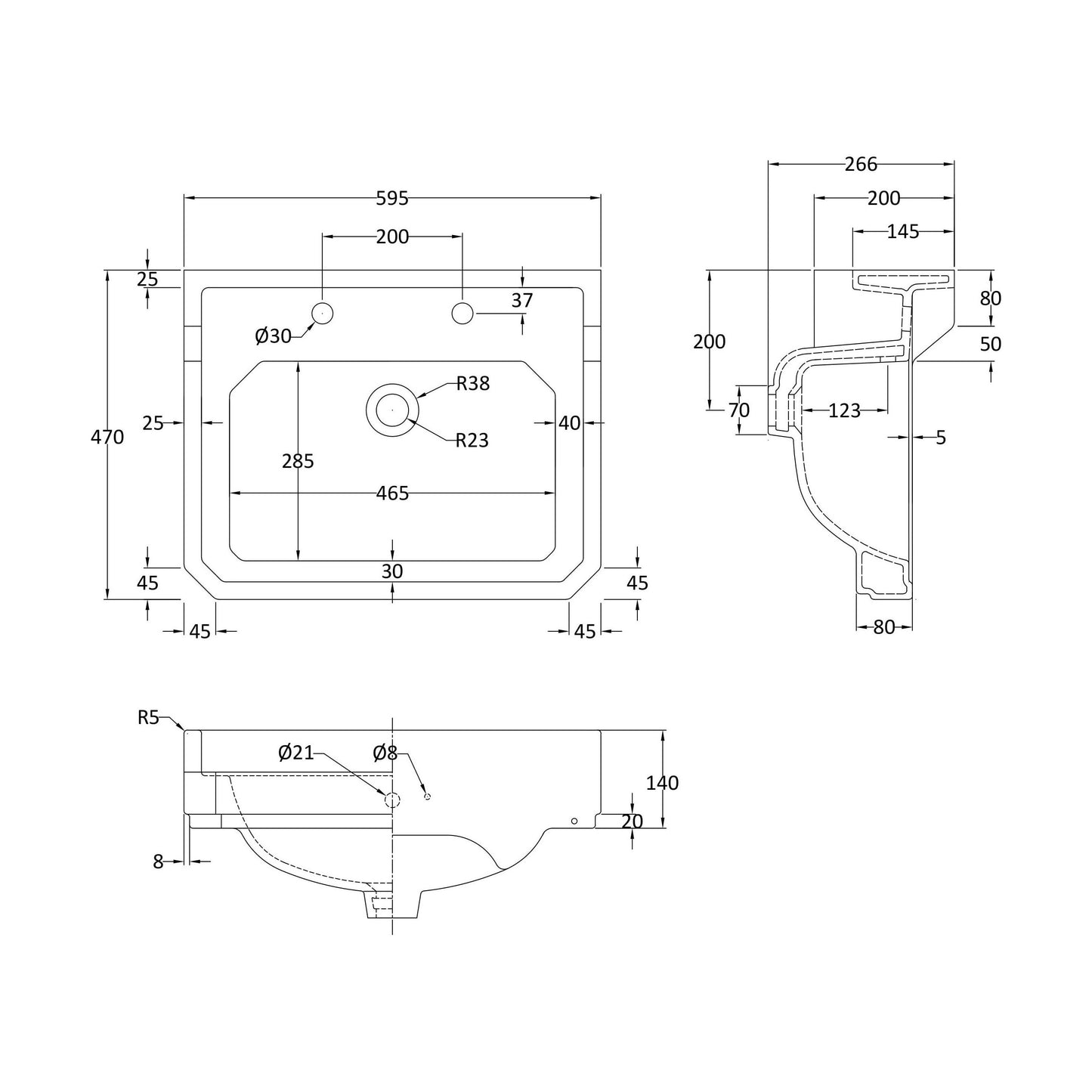 [BCHA882] 595mm Basin 2TH - Technical Drawing