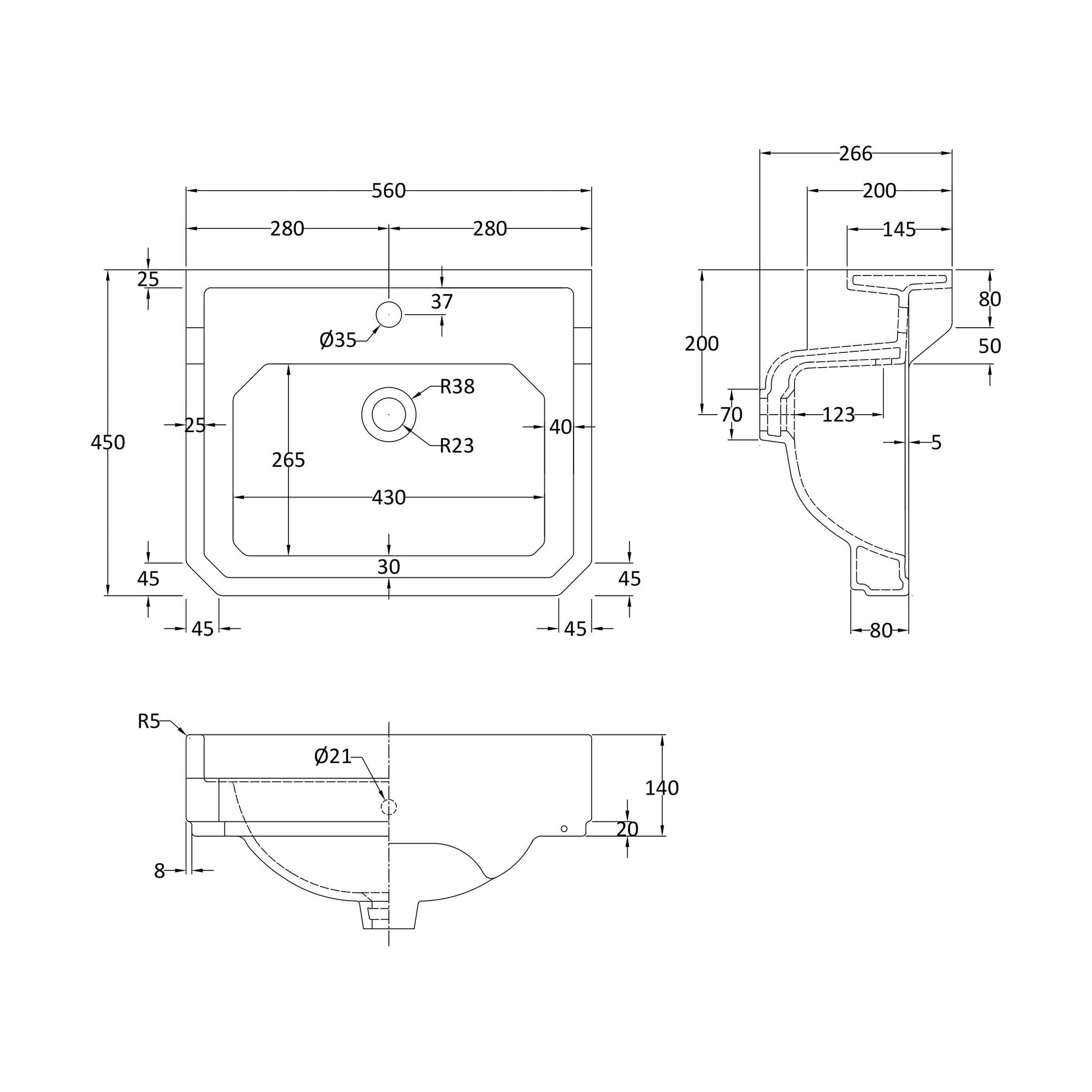 [BCHA884A] 560mm Basin 1TH - Technical Drawing