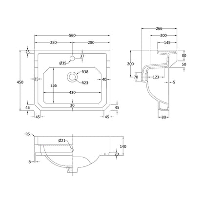 [BCHA884A] 560mm Basin 1TH - Technical Drawing