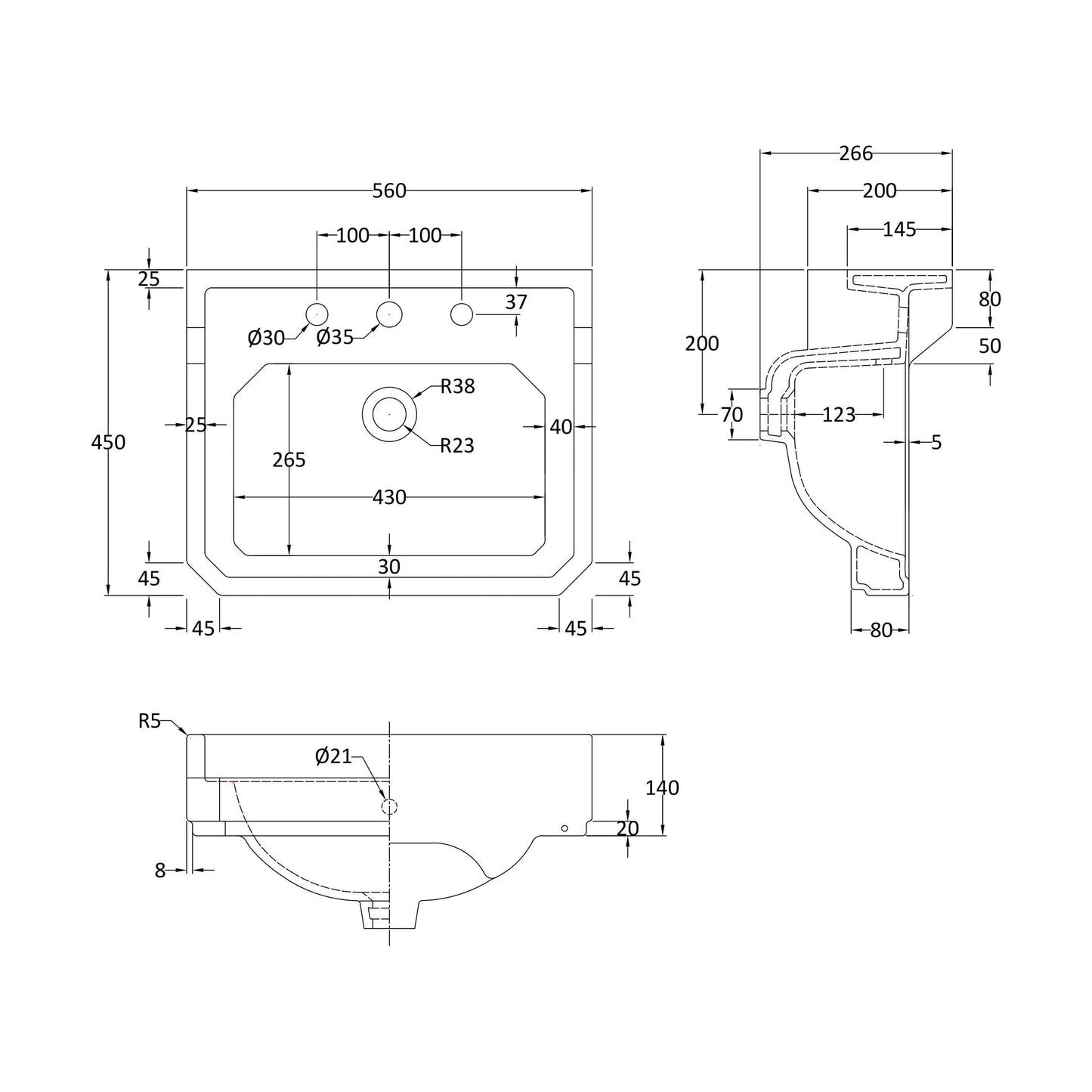 [BCHA884B] 560mm Basin 3TH - Technical Drawing
