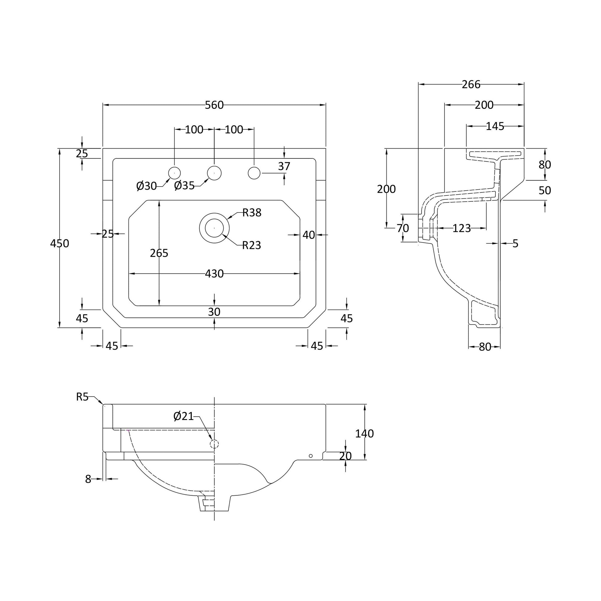 [BCHA884B] 560mm Basin 3TH - Technical Drawing