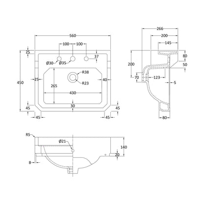 [BCHA884B] 560mm Basin 3TH - Technical Drawing