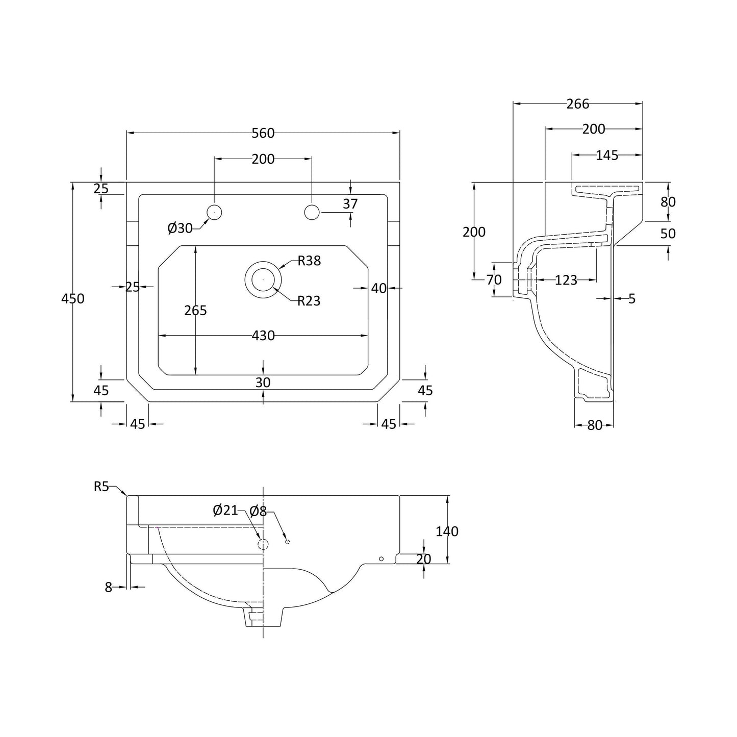 [BCHA884] 560mm Basin 2TH - Technical Drawing
