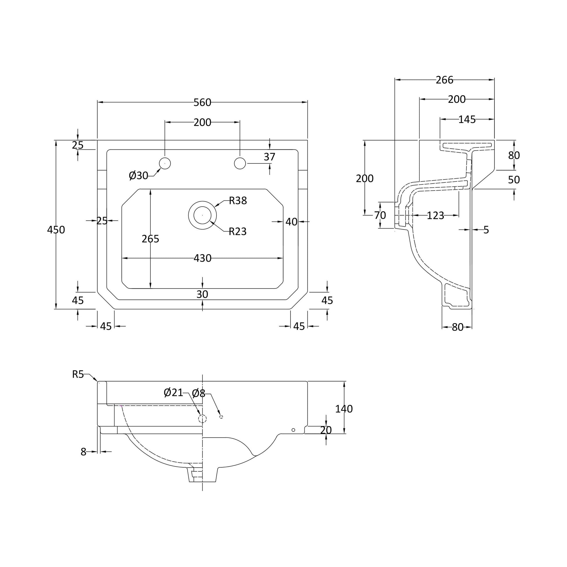 [BCHA884] 560mm Basin 2TH - Technical Drawing