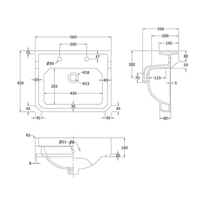 [BCHA884] 560mm Basin 2TH - Technical Drawing