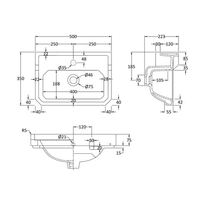 [BCHA885A] 500mm Basin 1TH - Technical Drawing