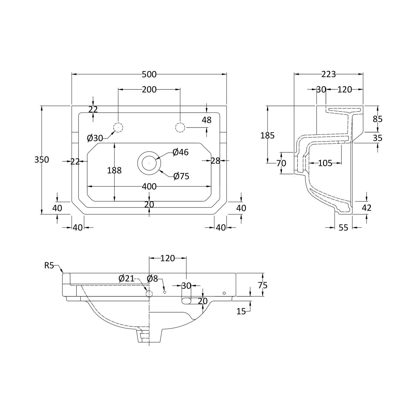 [BCHA885] 500mm Basin 2TH - Technical Drawing