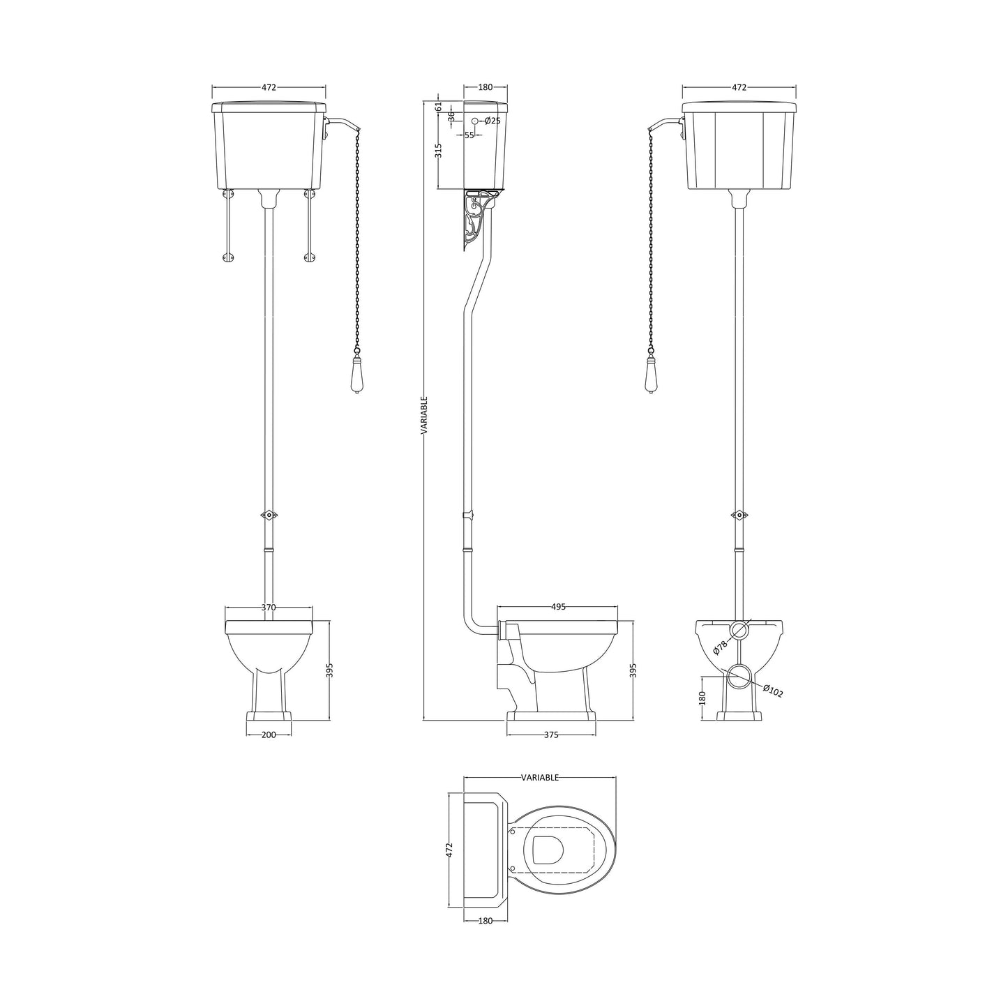 [BCKI002] Traditional High Level Toilet Pan, Cistern, Flush Pipe Kit  - White - Technical Drawing