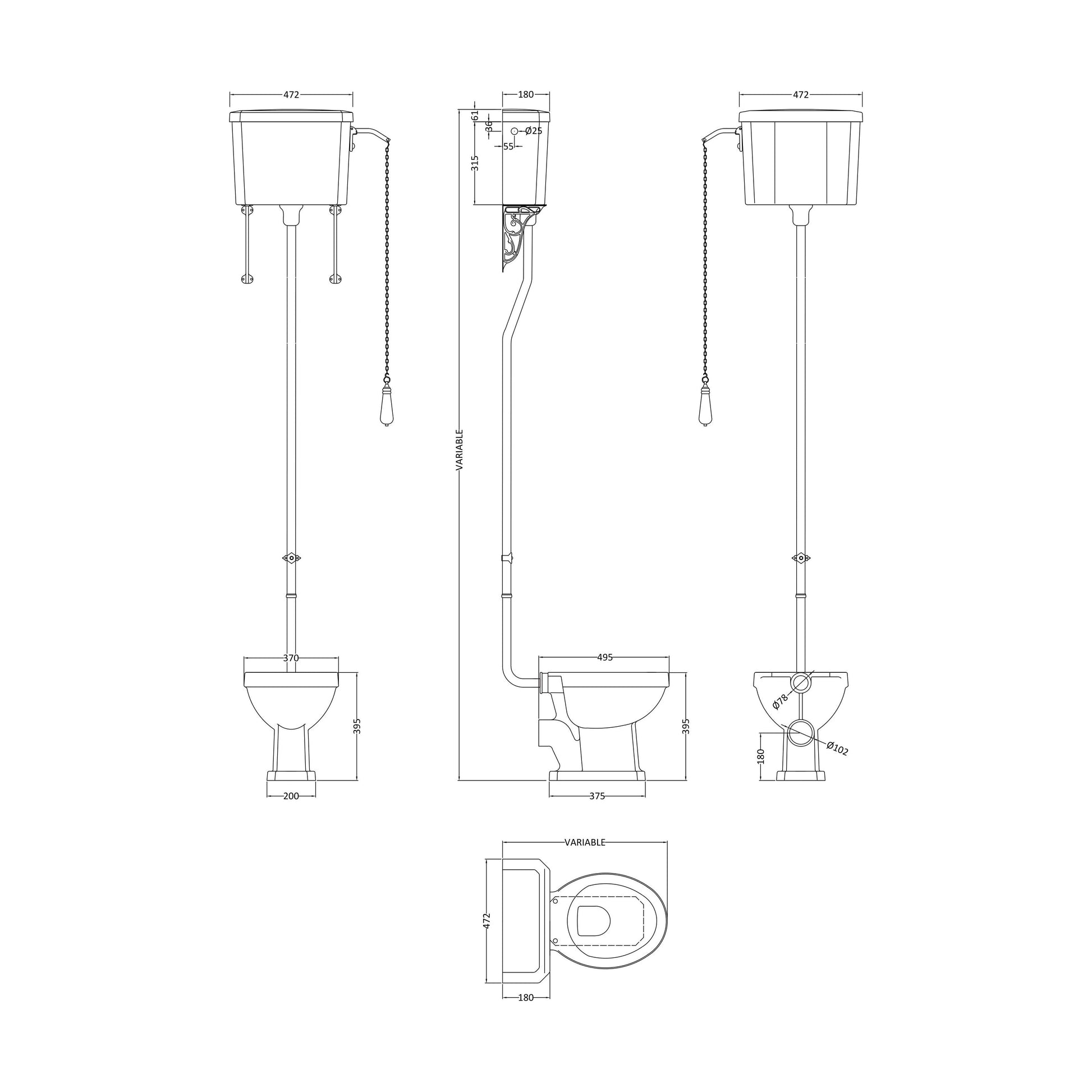 [BCKI002] Traditional High Level Toilet Pan, Cistern, Flush Pipe Kit  - White - Technical Drawing