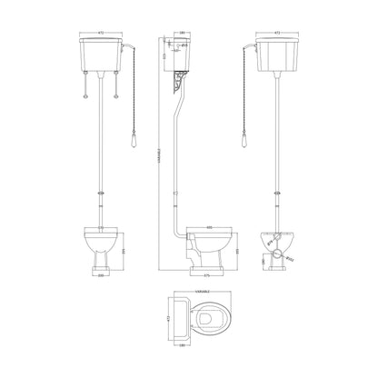 [BCKI002] Traditional High Level Toilet Pan, Cistern, Flush Pipe Kit  - White - Technical Drawing