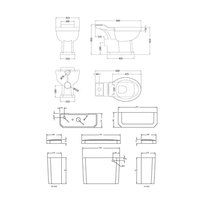 [BCKI003] Madeley Traditional White Close Coupled Bathroom Toilet with Cistern & Soft Close Seat - 470mm - Technical Drawing