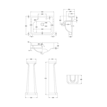 [BCKI004] Madeley Traditional 2 Tap Hole Ceramic Bathroom Basin Sink & Full Pedestal - 560mm - Technical Drawing
