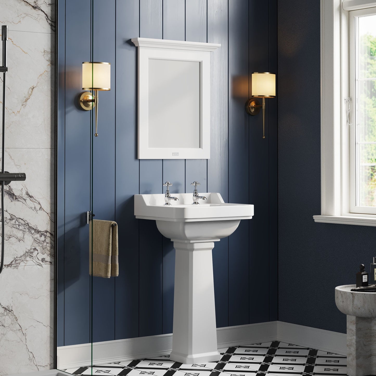 [BCKI004] Madeley Traditional 2 Tap Hole Ceramic Bathroom Basin Sink & Full Pedestal - 560mm - Lifestyle 3
