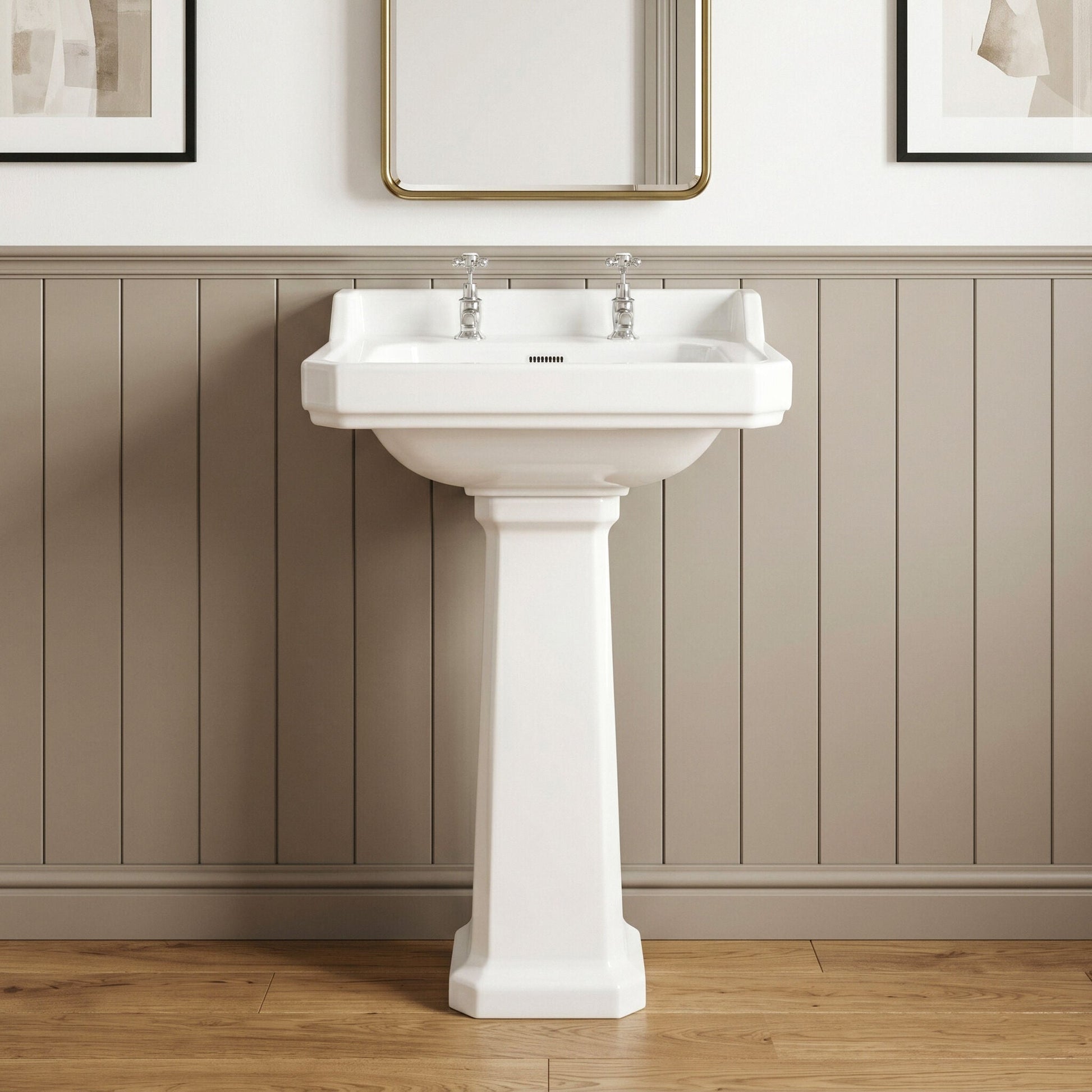 [BCKI004] Madeley Traditional 2 Tap Hole Ceramic Bathroom Basin Sink & Full Pedestal - 560mm - Silo
