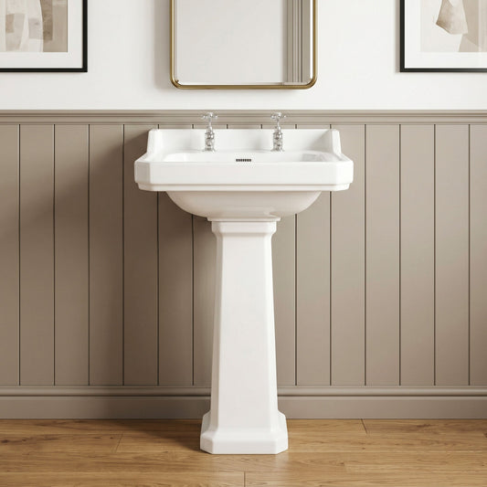 [BCKI004] Madeley Traditional 2 Tap Hole Ceramic Bathroom Basin Sink & Full Pedestal - 560mm - Silo