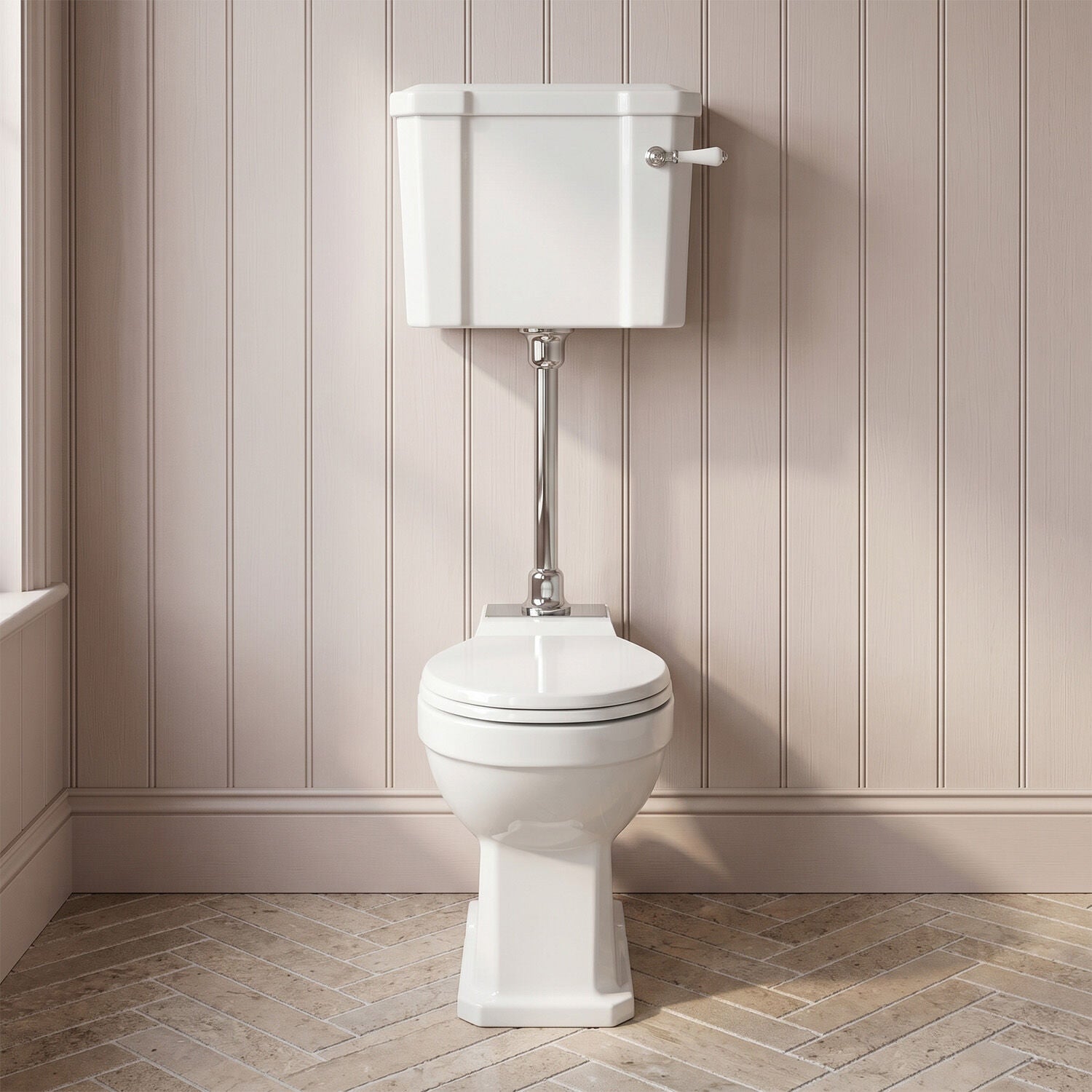 [BCKI009] Madeley Traditional Comfort Height Toilet with Mid Level Cistern, Flush Pipe Kit and Soft Close Toilet Seat - Silo