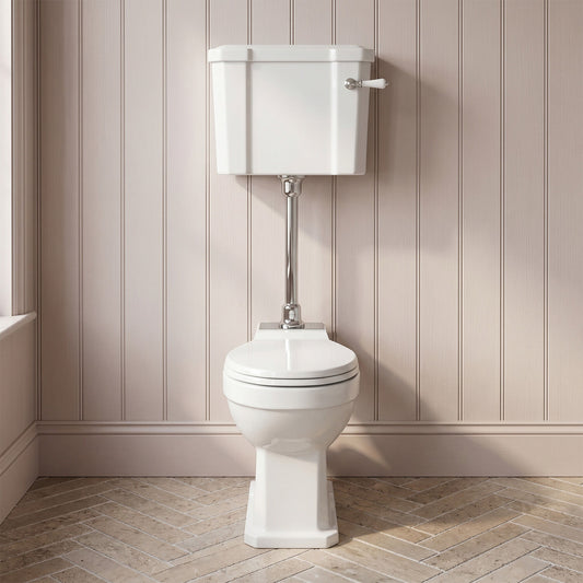 [BCKI009] Madeley Traditional Comfort Height Toilet with Mid Level Cistern, Flush Pipe Kit and Soft Close Toilet Seat - Silo