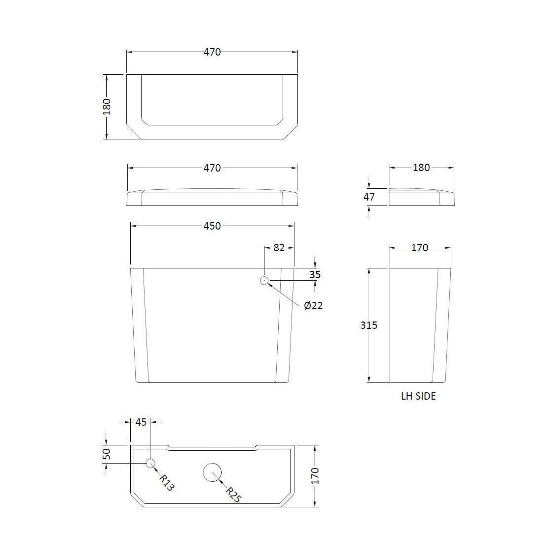 [BCKI871] Low Level Cistern Ceramic Lever Ftgs - Technical Drawing