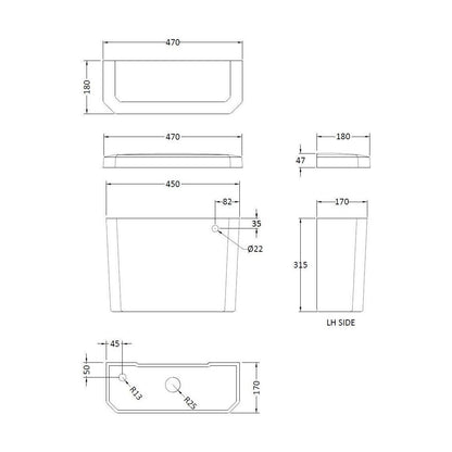 [BCKI871] Low Level Cistern Ceramic Lever Ftgs - Technical Drawing