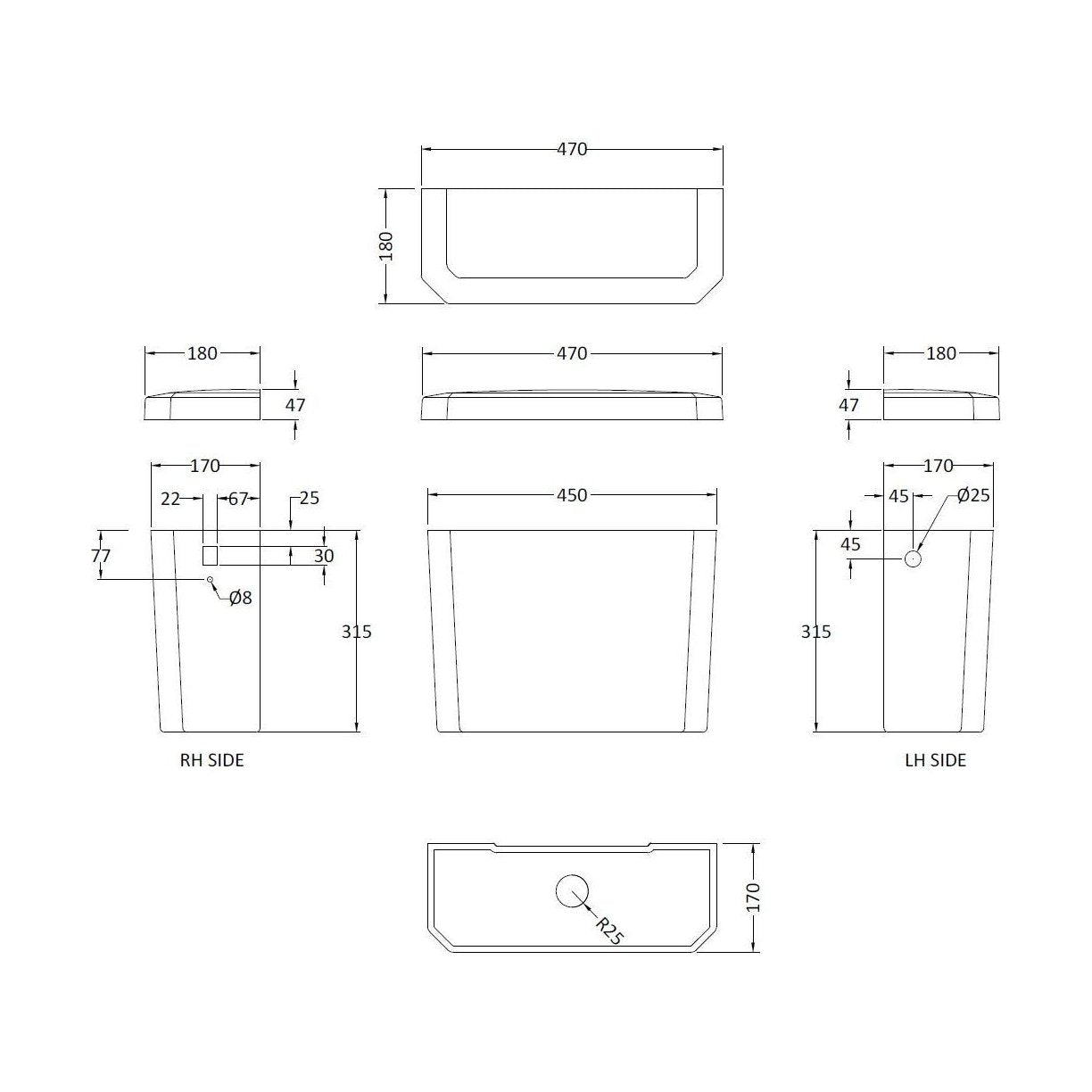 [BCKI872] High Level Cistern (Inc' Fittings) - Technical Drawing
