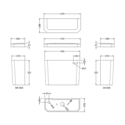 [BCKI881A] Toilet Cistern A Chrome Lever & Fttg - Technical Drawing