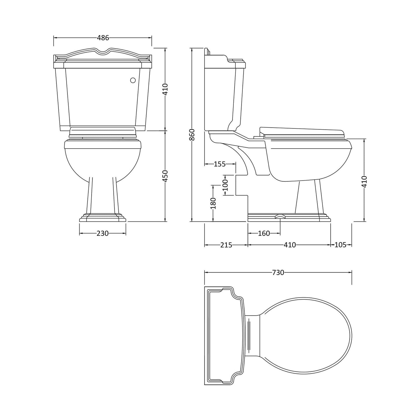 [BCLCPCC] Classic Legend Toilet Pan Cistern & Seat – White - Technical Drawing