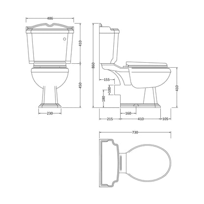 [BCLG003] Whitgreave Traditional Close Coupled Toilet and Seat - 885 x 715 x 715mm - Technical Drawing